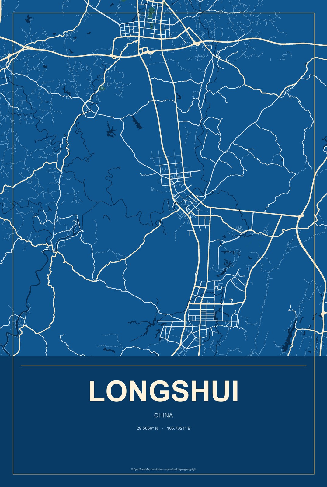 Longshui, China City Map Aluminum Sign in Harbor Cobalt style