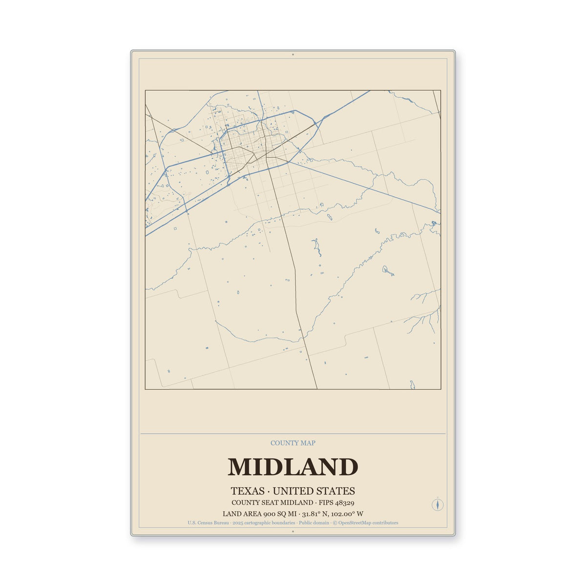 Midland County, Texas Map Aluminum Sign in Heritage Nautical style