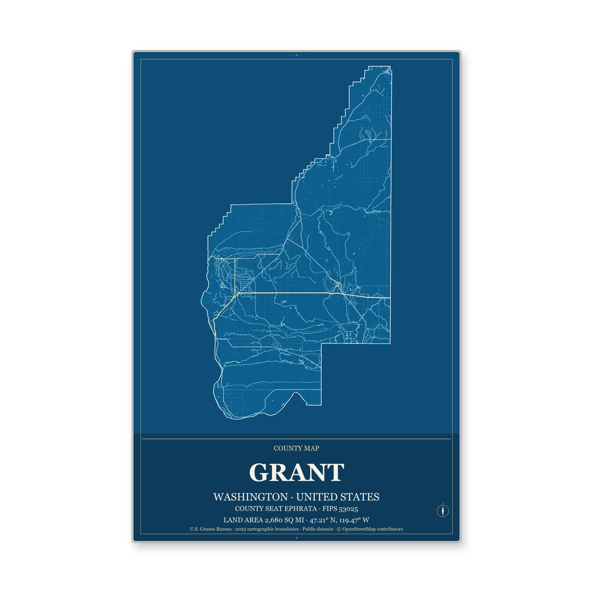 Grant County, Washington Map Aluminum Sign in Harbor Cobalt style