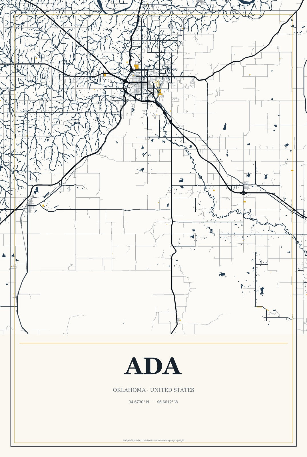 Ada, Oklahoma City Map Aluminum Sign in Citrine Modern style