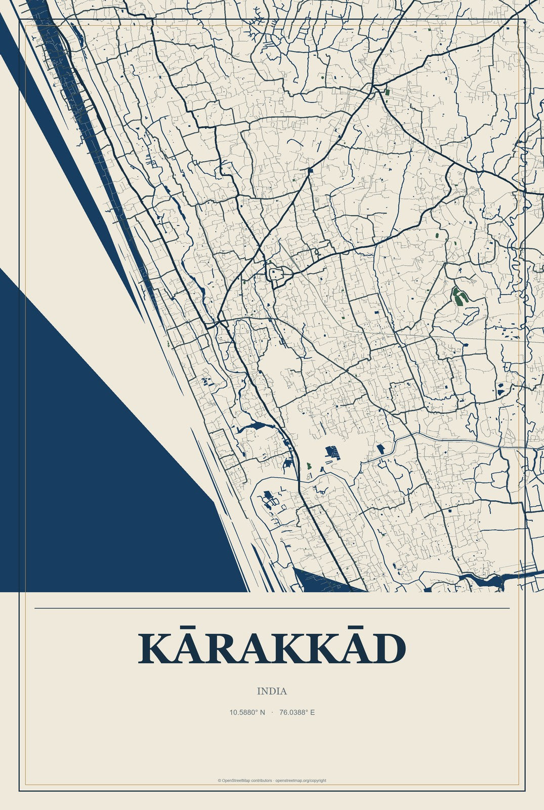 Kārakkād, India City Map Aluminum Sign in Coastal Cutout style