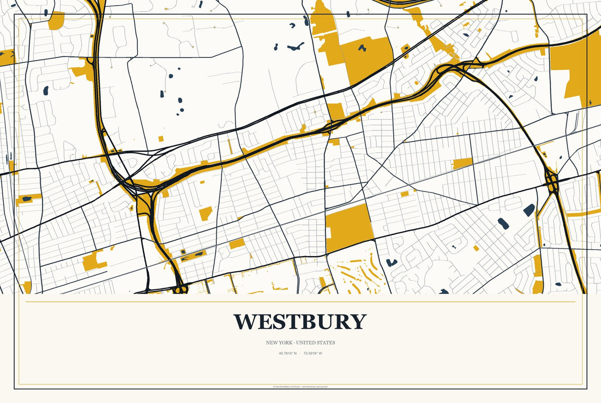 Westbury, New York City Map Aluminum Sign in Citrine Modern style