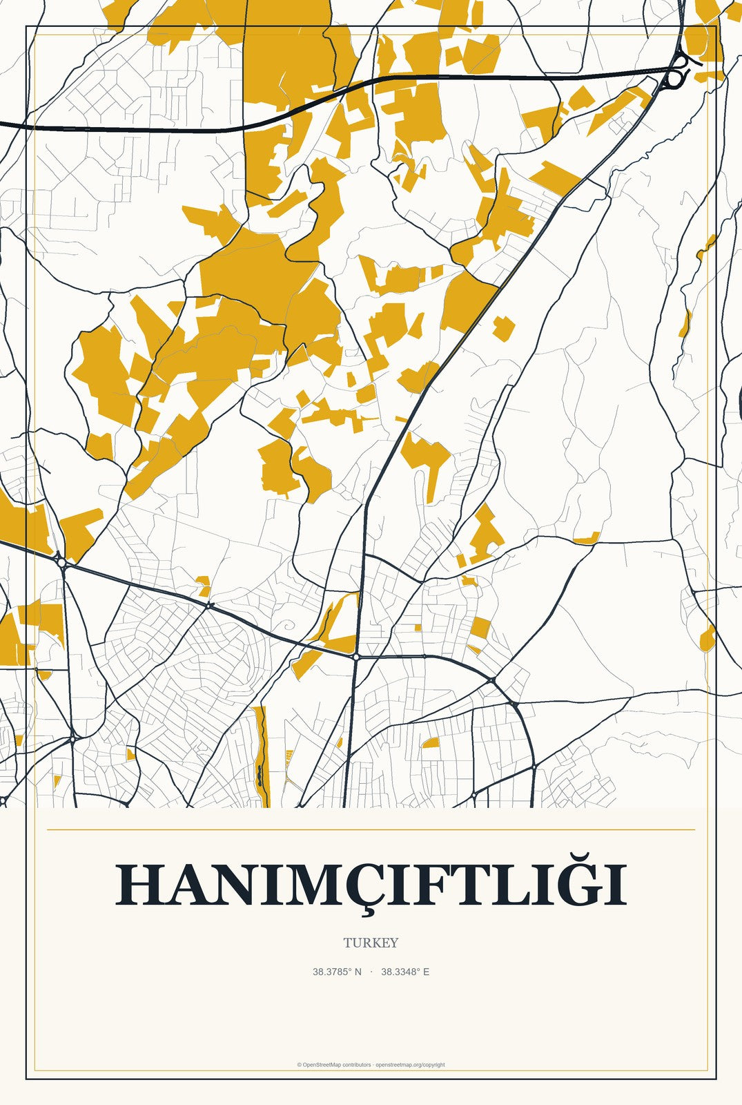 Hanımçiftliği, Turkey City Map Aluminum Sign in Citrine Modern style