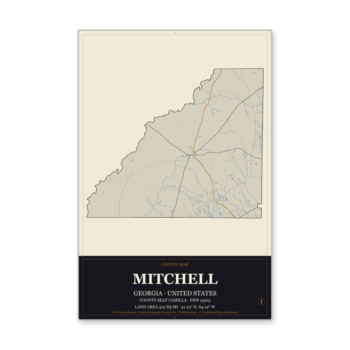 Mitchell County, Georgia Map Aluminum Sign in Museum Plaque style