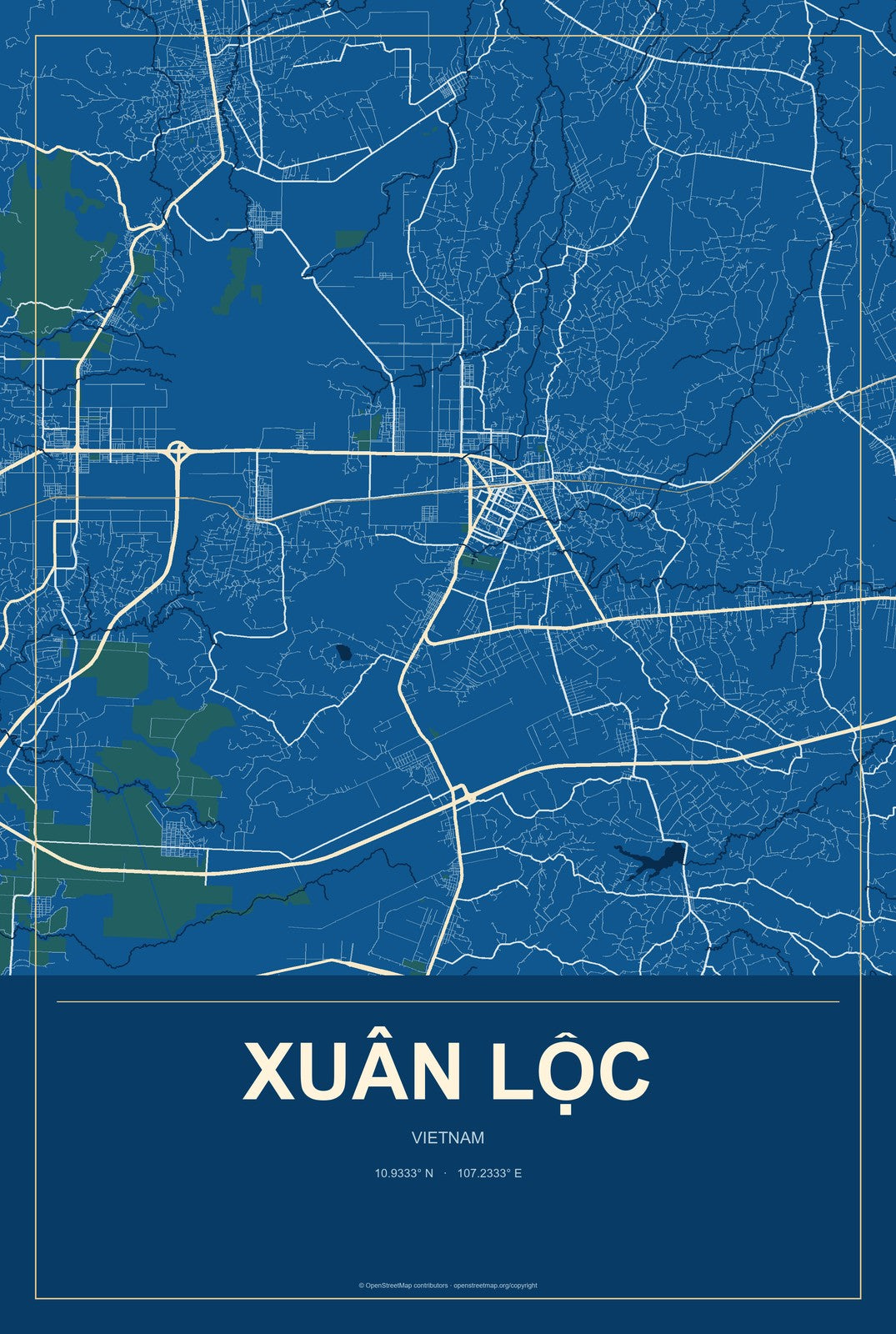 Xuân Lộc, Vietnam City Map Aluminum Sign in Harbor Cobalt style