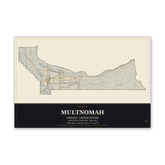 Multnomah County, Oregon Map Aluminum Sign in Museum Plaque style