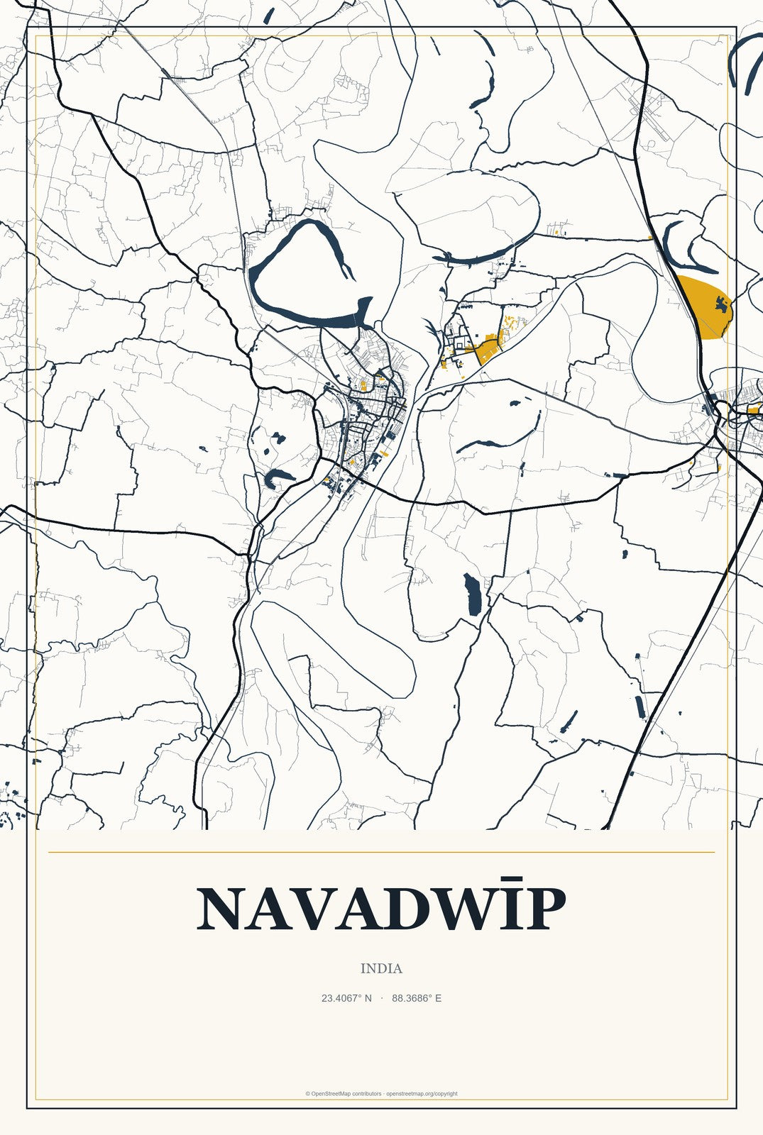 Navadwīp, India City Map Aluminum Sign in Citrine Modern style