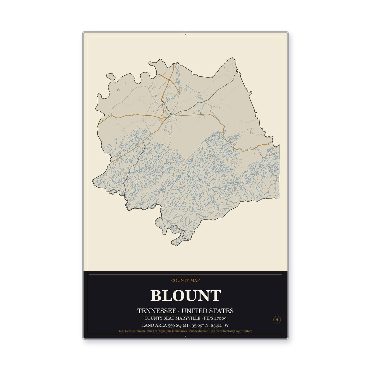 Blount County, Tennessee Map Aluminum Sign in Museum Plaque style