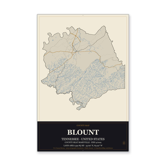 Blount County, Tennessee Map Aluminum Sign in Museum Plaque style