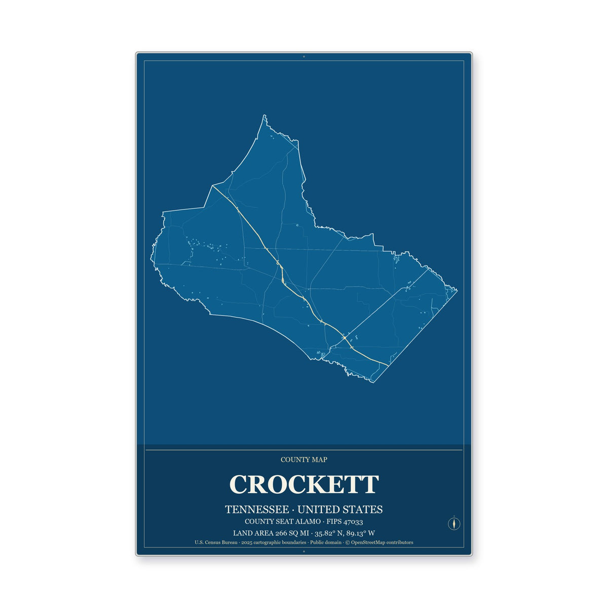 Crockett County, Tennessee Map Aluminum Sign in Harbor Cobalt style