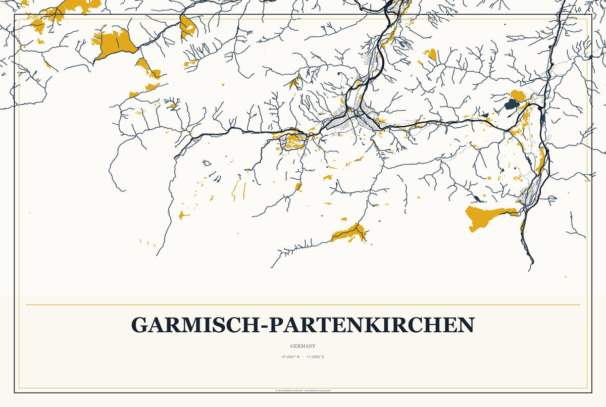 Garmisch-Partenkirchen, Germany City Map Aluminum Sign in Citrine Modern style