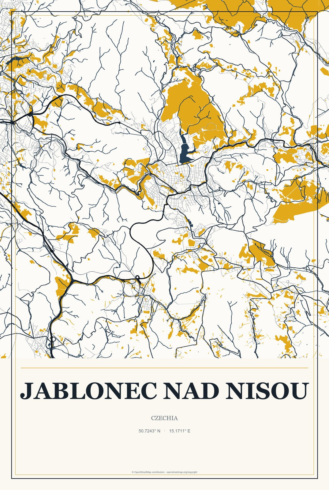 Jablonec nad Nisou, Czechia City Map Aluminum Sign in Citrine Modern style