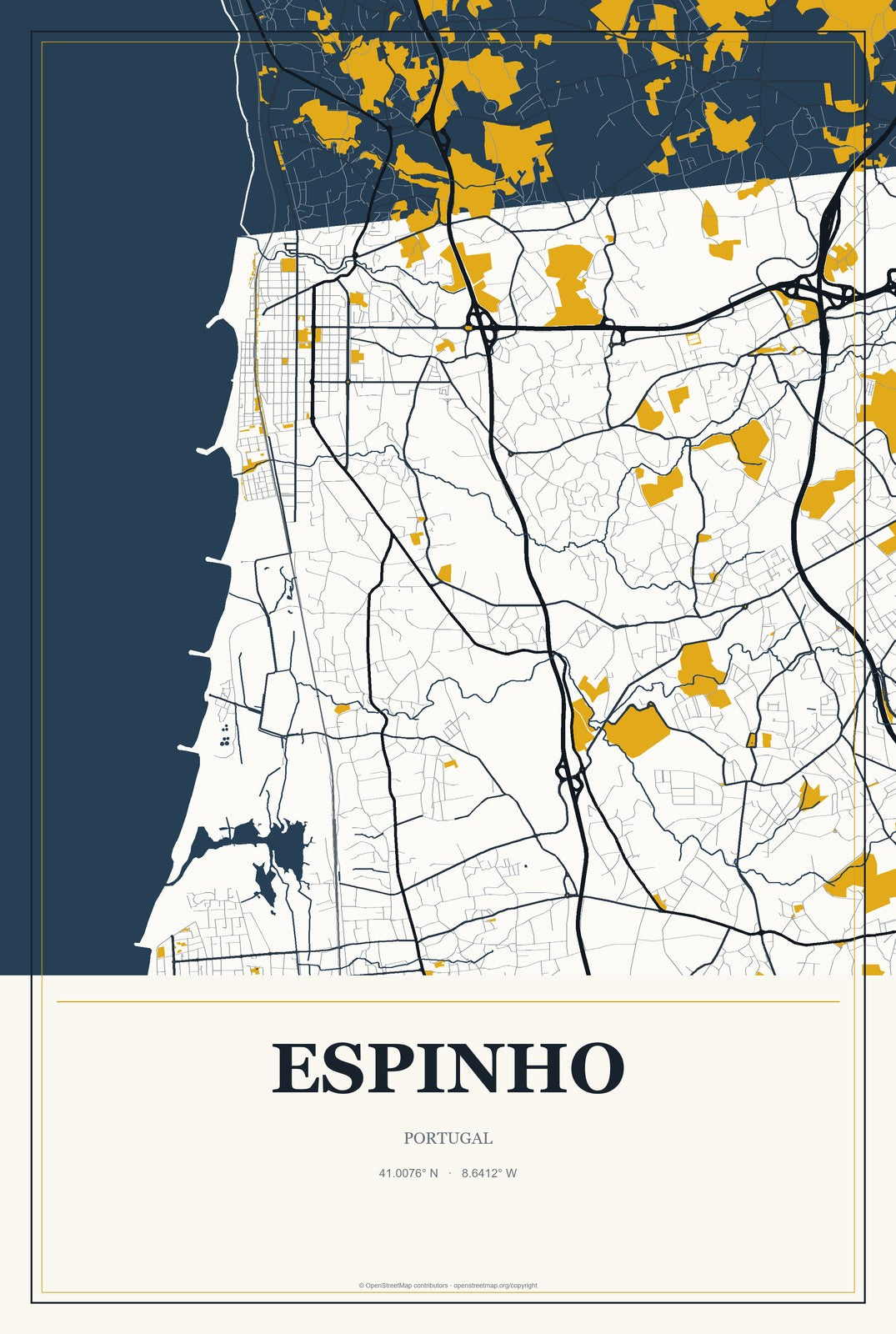 Espinho, Portugal City Map Aluminum Sign in Citrine Modern style