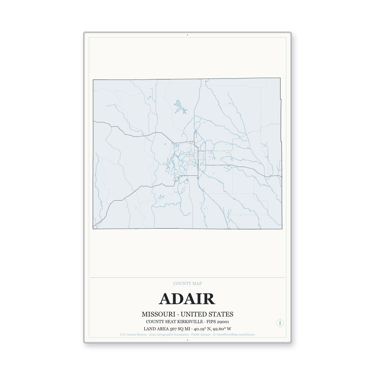 Adair County, Missouri Map Aluminum Sign in Gallery Air style