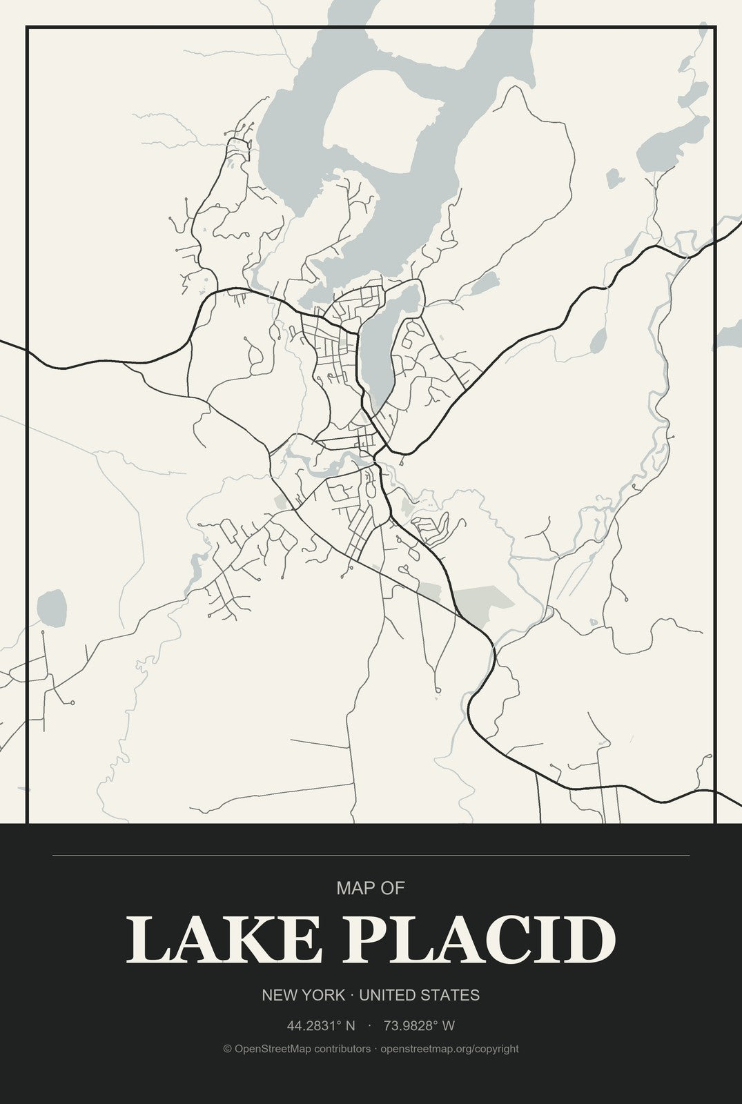Lake Placid, New York City Map Aluminum Sign in Museum Plaque style
