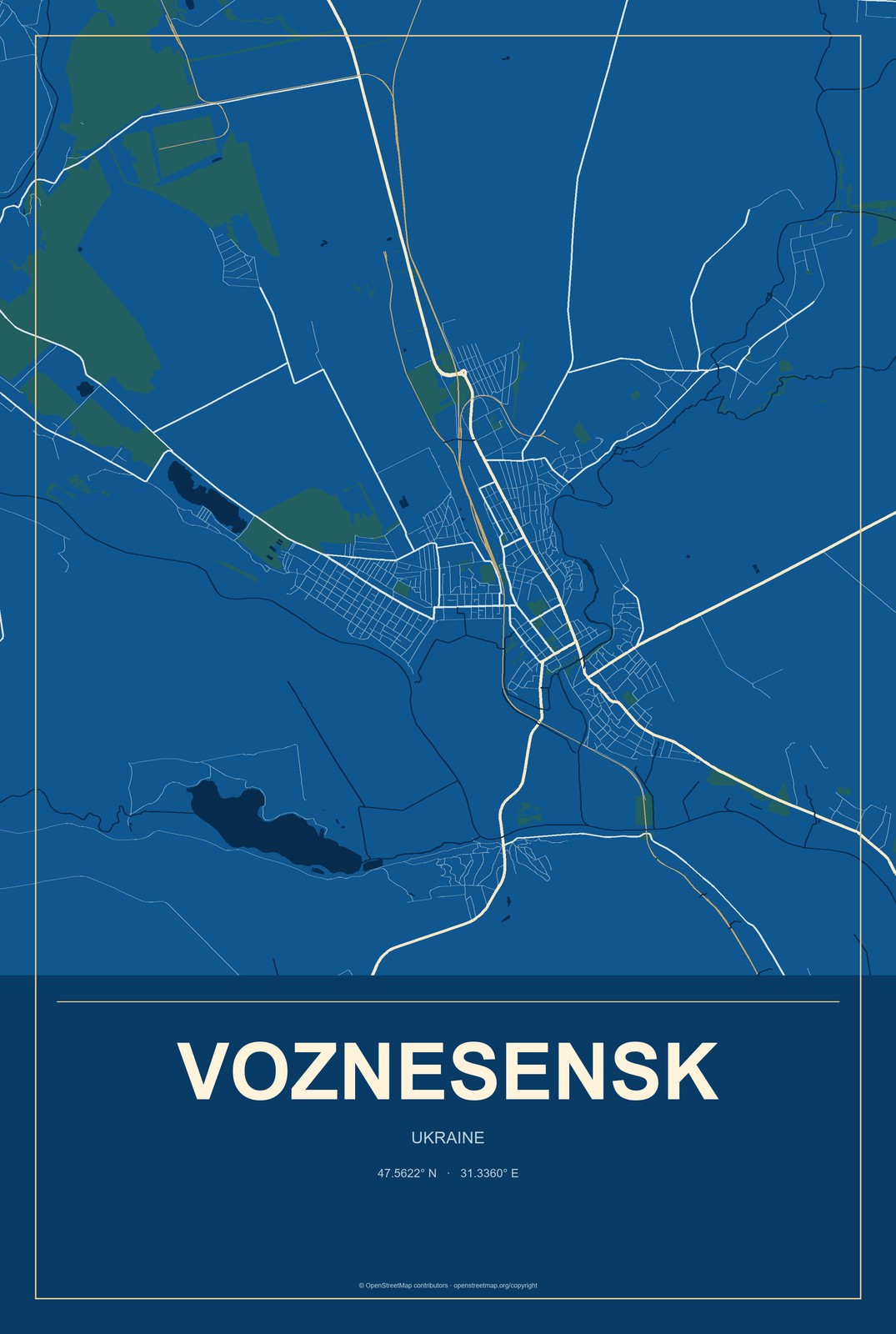 Voznesensk, Ukraine City Map Aluminum Sign in Harbor Cobalt style
