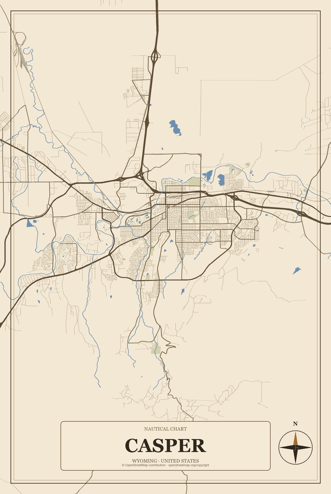 Casper, Wyoming City Map Aluminum Sign in Heritage Nautical style