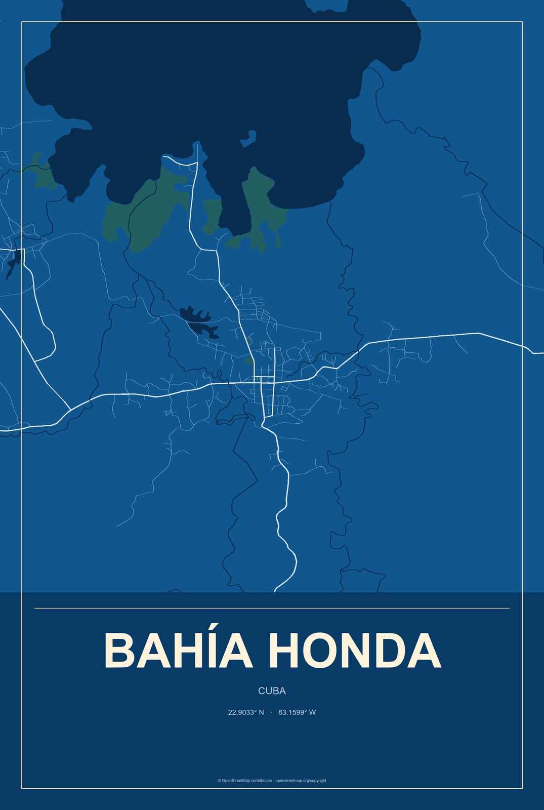 Bahía Honda, Cuba City Map Aluminum Sign in Harbor Cobalt style