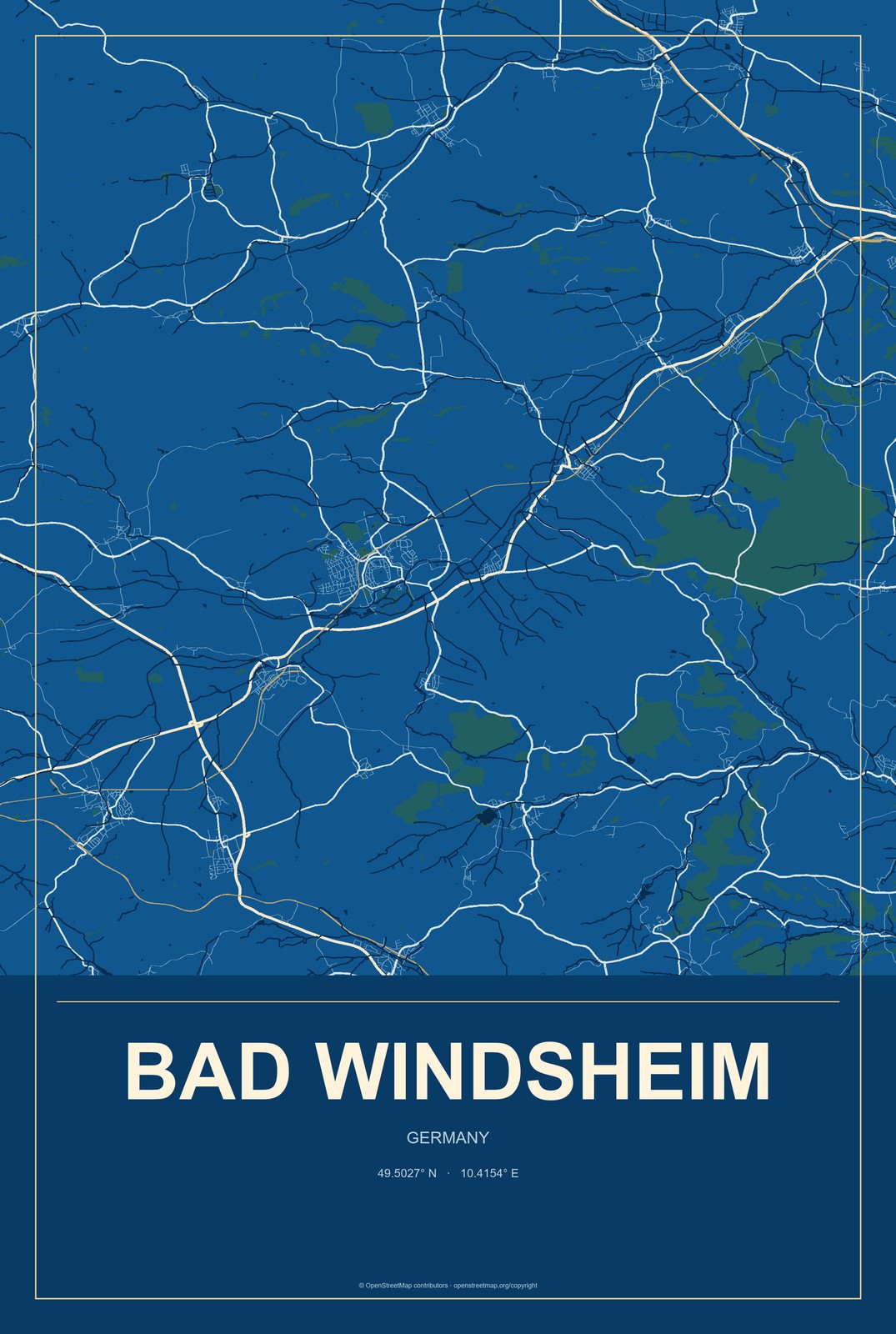 Bad Windsheim, Germany City Map Aluminum Sign in Harbor Cobalt style