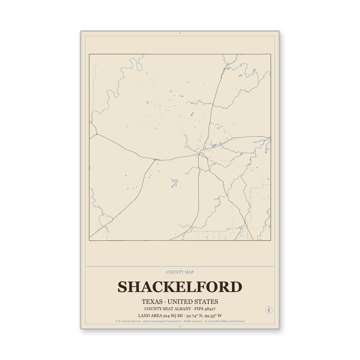 Shackelford County, Texas Map Aluminum Sign in Heritage Nautical style
