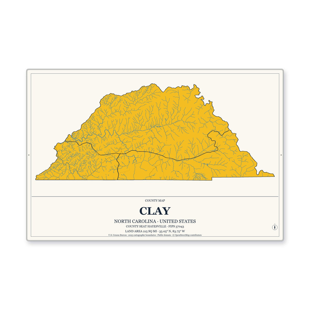 Clay County, North Carolina Map Aluminum Sign in Citrine Modern style