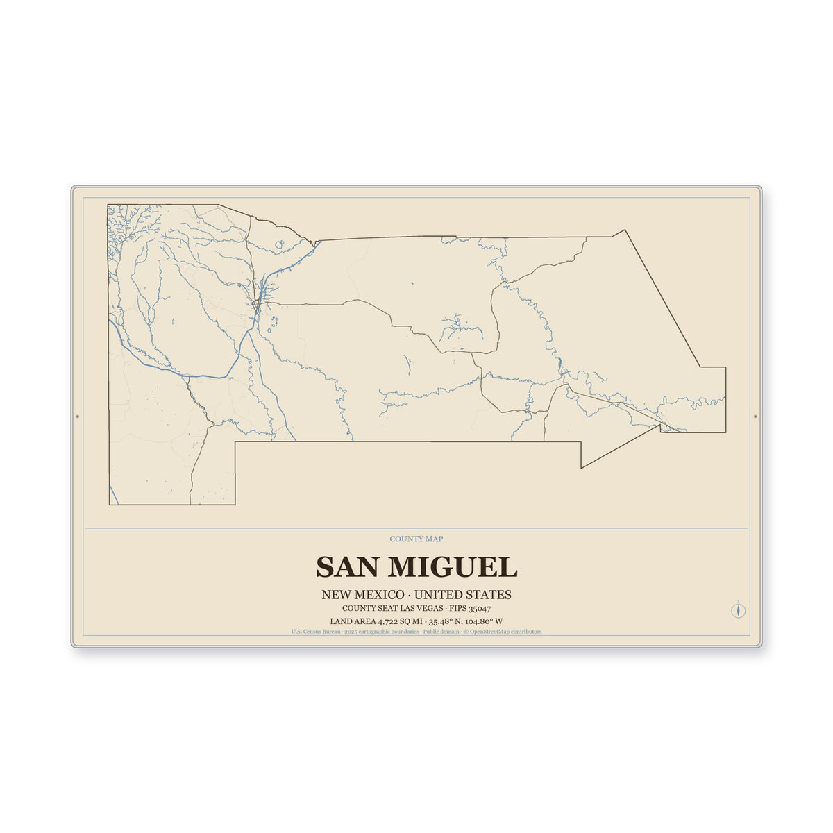 San Miguel County, New Mexico Map Aluminum Sign in Heritage Nautical style