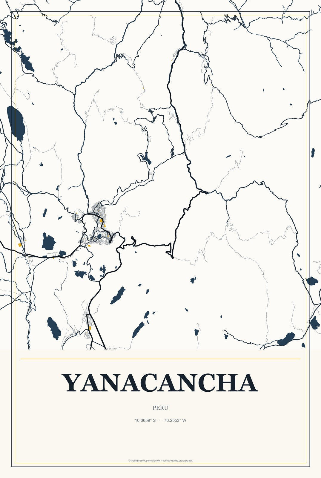 Yanacancha, Pasco, Peru City Map Aluminum Sign in Citrine Modern style