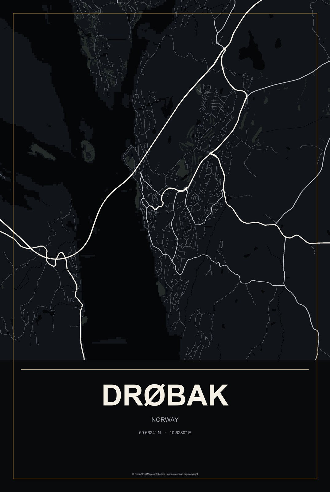 Drøbak, Norway City Map Aluminum Sign in Metropolitan Noir style