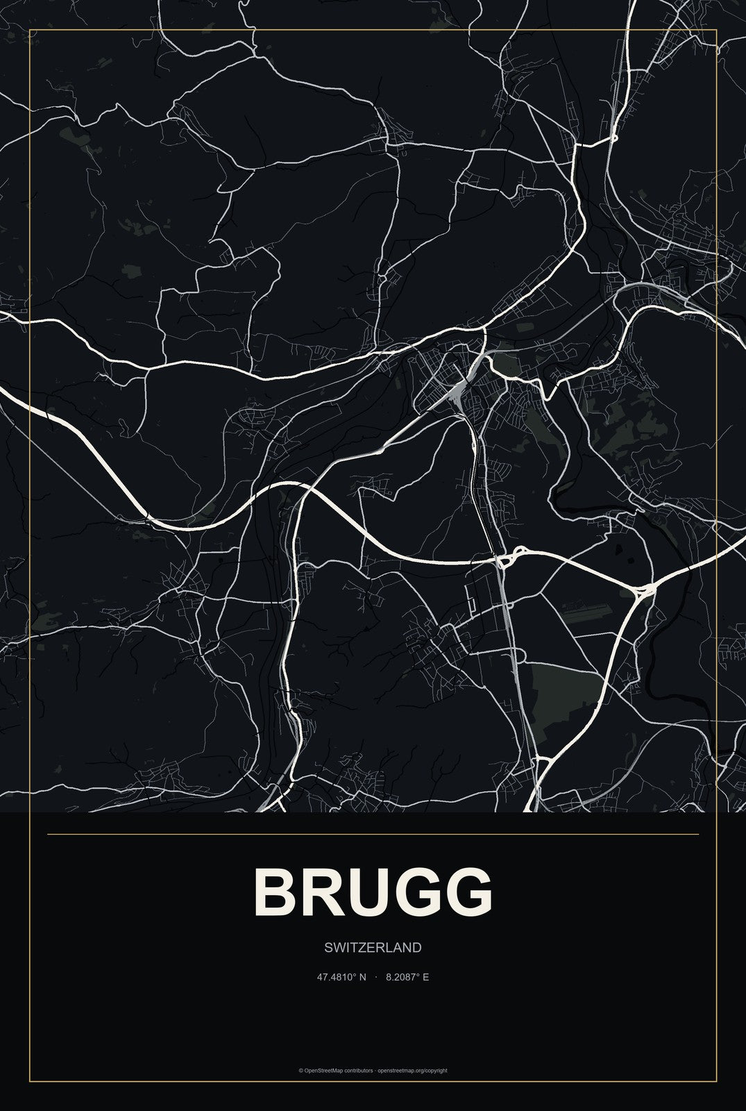 Brugg, Switzerland City Map Aluminum Sign in Metropolitan Noir style