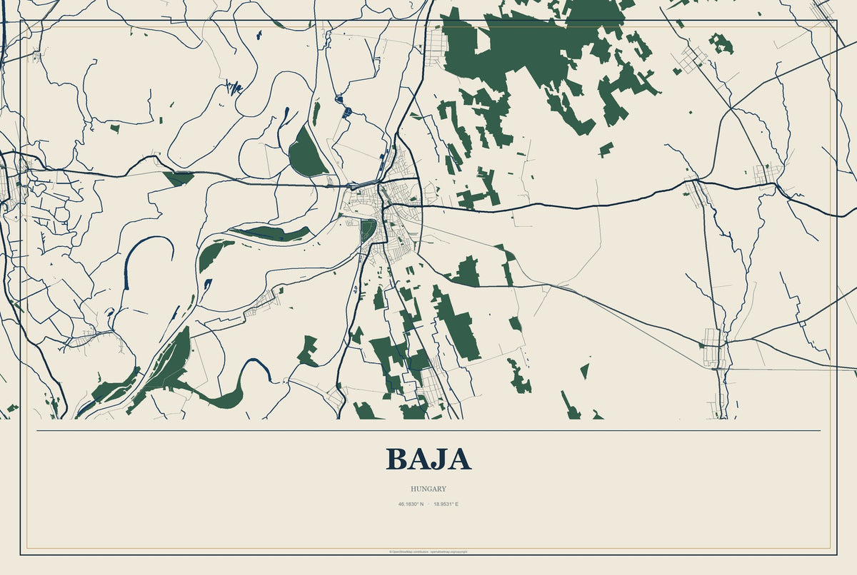 Baja, Hungary City Map Aluminum Sign in Coastal Cutout style
