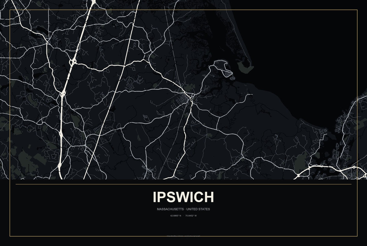 Ipswich, Massachusetts City Map Aluminum Sign in Metropolitan Noir style