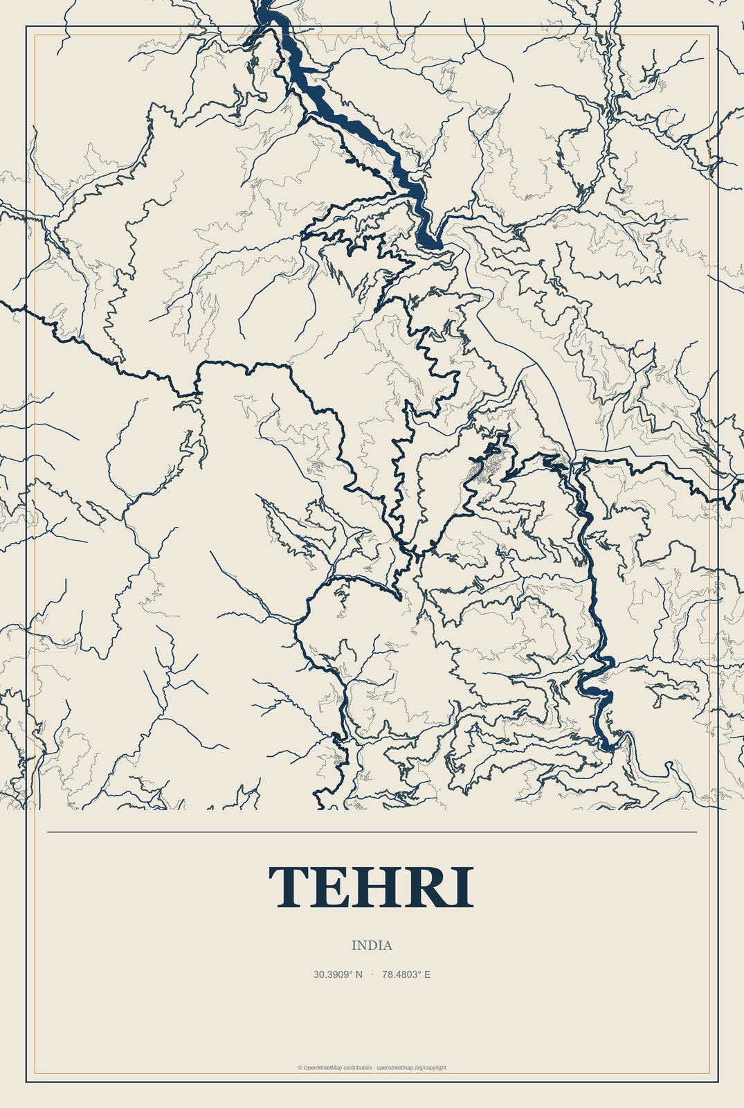 Tehri, India City Map Aluminum Sign in Coastal Cutout style