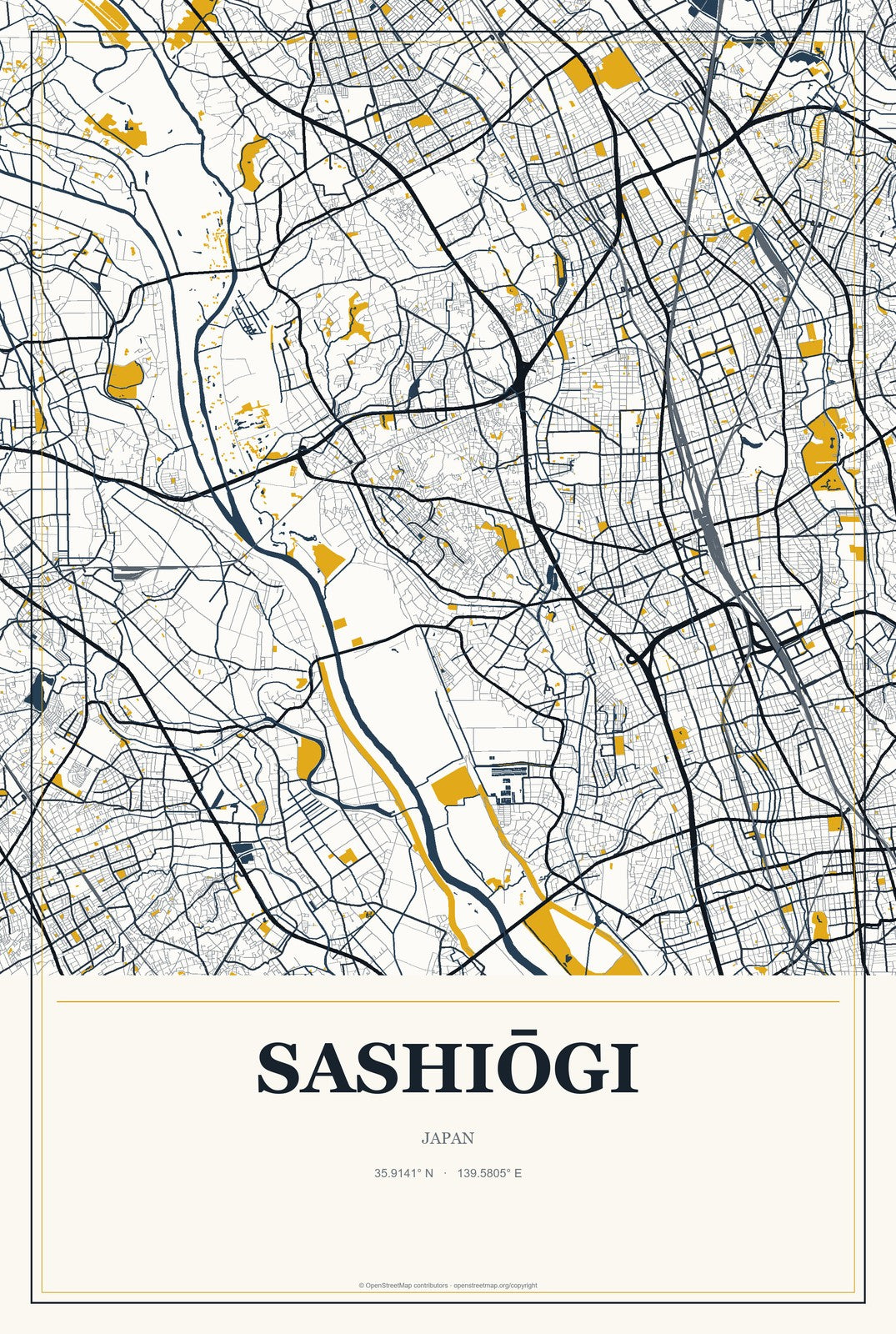 Sashiōgi, Japan City Map Aluminum Sign in Citrine Modern style