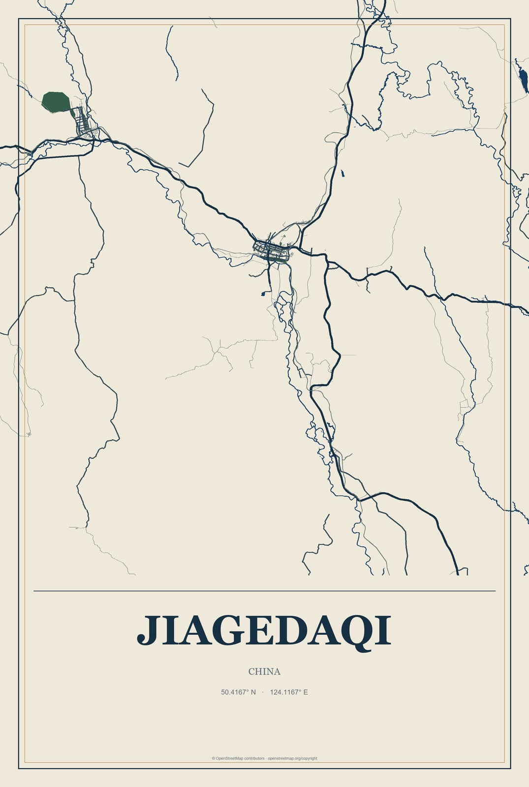 Jiagedaqi, China City Map Aluminum Sign in Coastal Cutout style