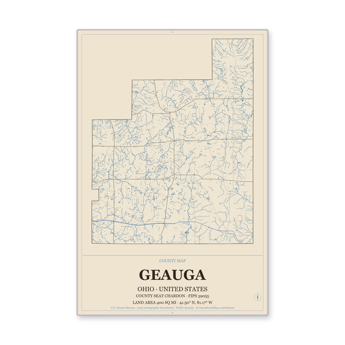 Geauga County, Ohio Map Aluminum Sign in Heritage Nautical style