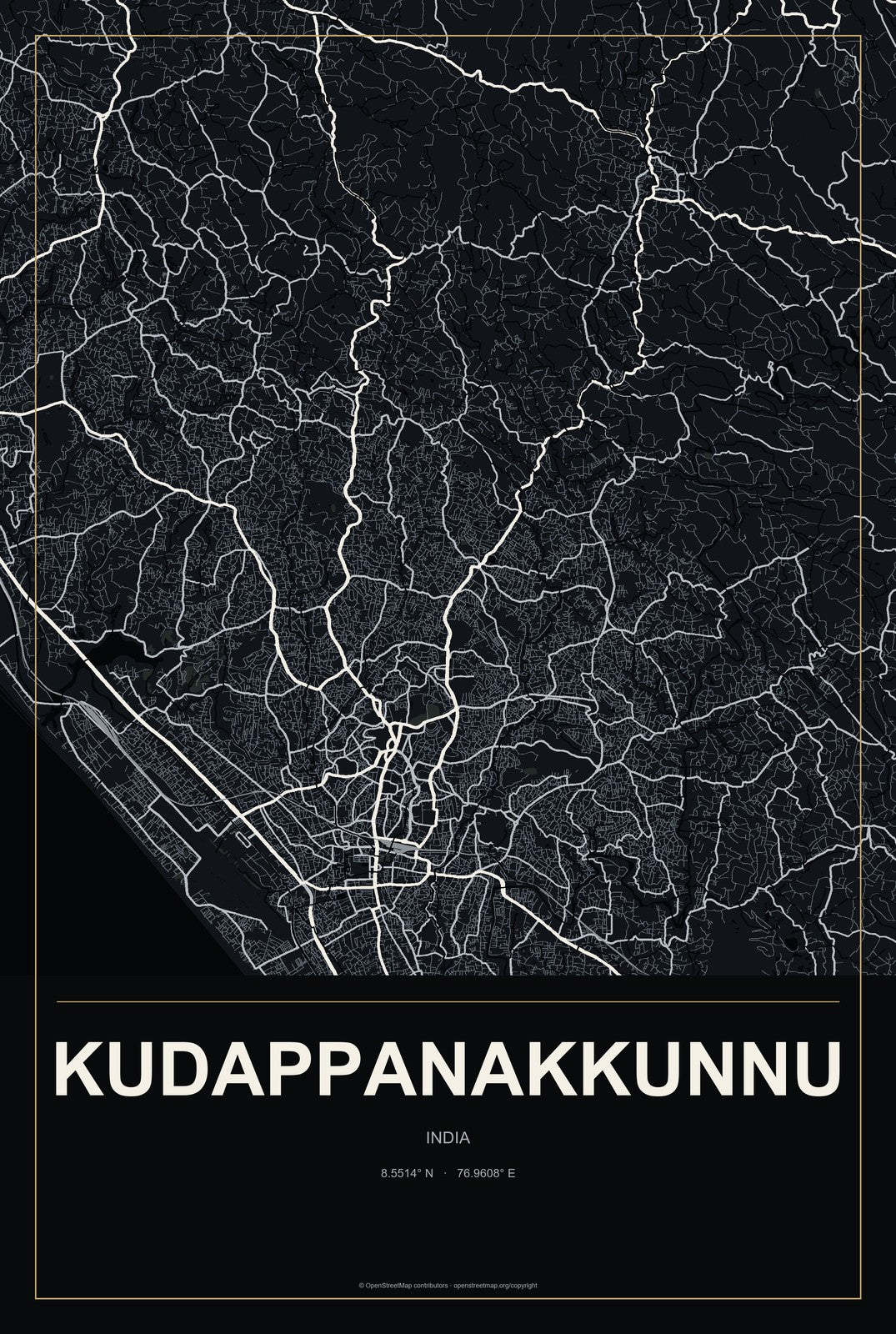 Kudappanakkunnu, India City Map Aluminum Sign in Metropolitan Noir style