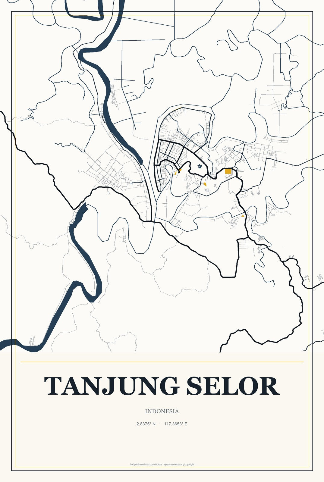 Tanjung Selor, Indonesia City Map Aluminum Sign in Citrine Modern style