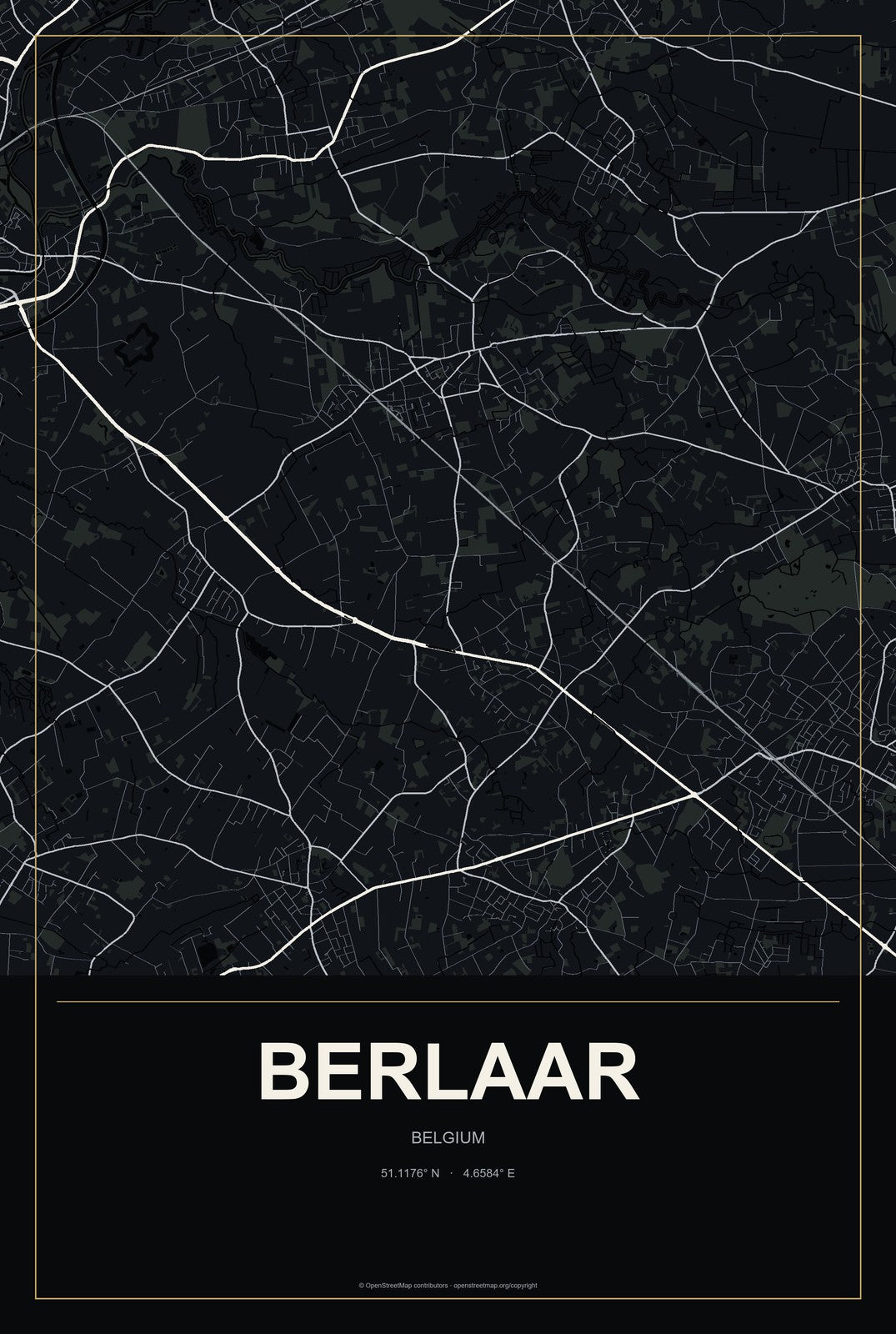 Berlaar, Belgium City Map Aluminum Sign in Metropolitan Noir style