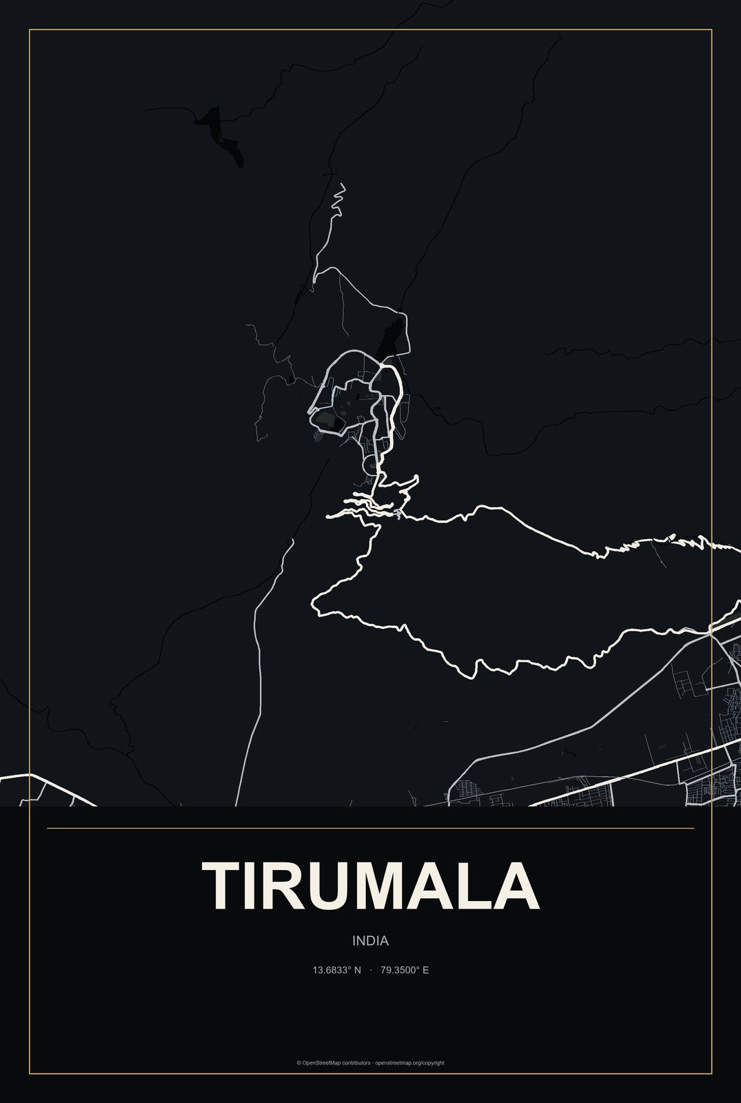 Tirumala, India City Map Aluminum Sign in Metropolitan Noir style