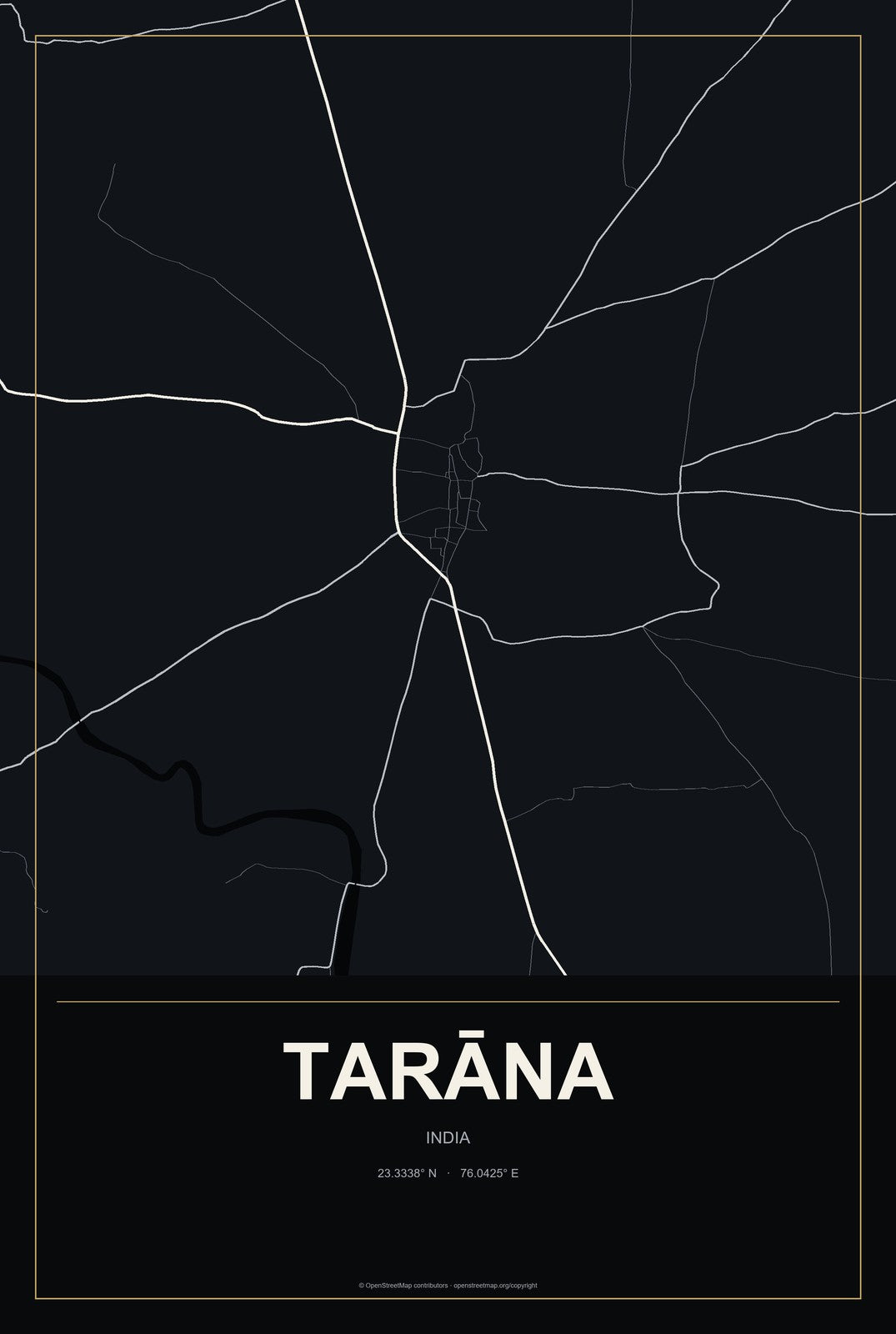 Tarāna, India City Map Aluminum Sign in Metropolitan Noir style