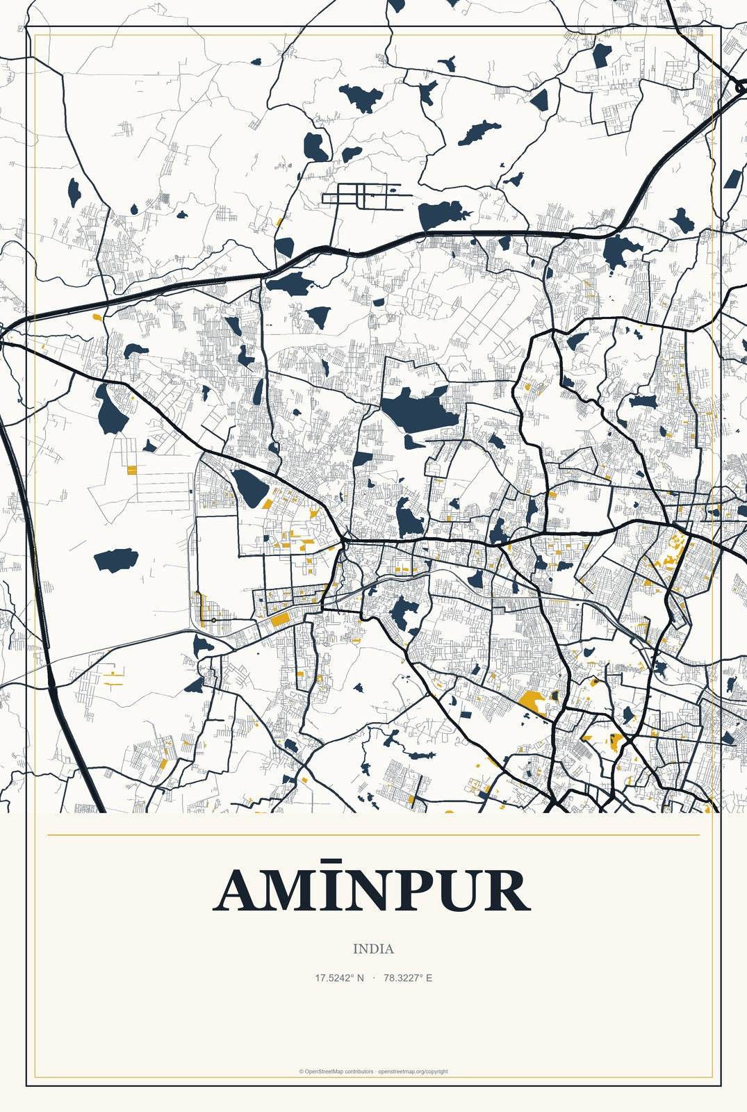 Amīnpur, India City Map Aluminum Sign in Citrine Modern style