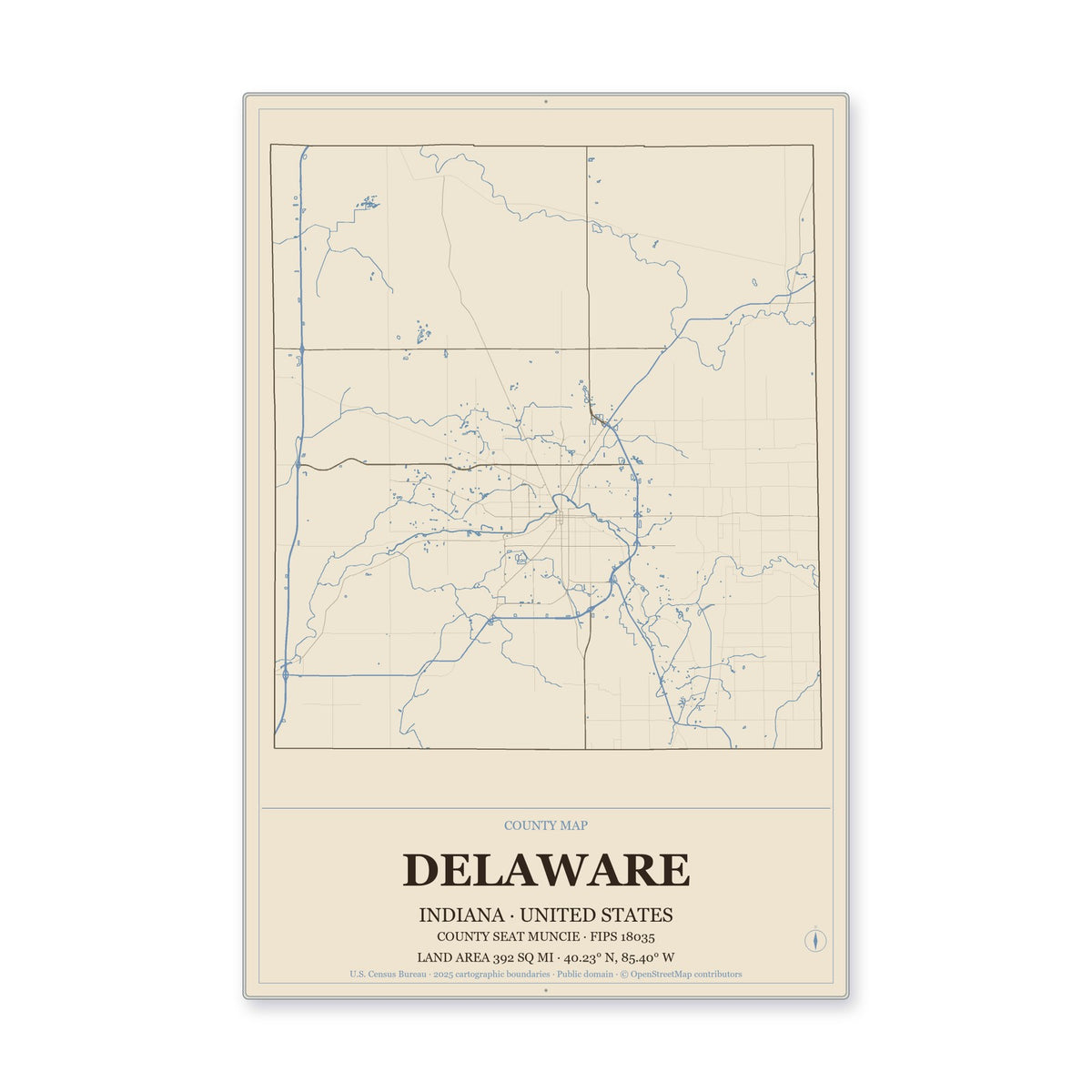 Delaware County, Indiana Map Aluminum Sign in Heritage Nautical style