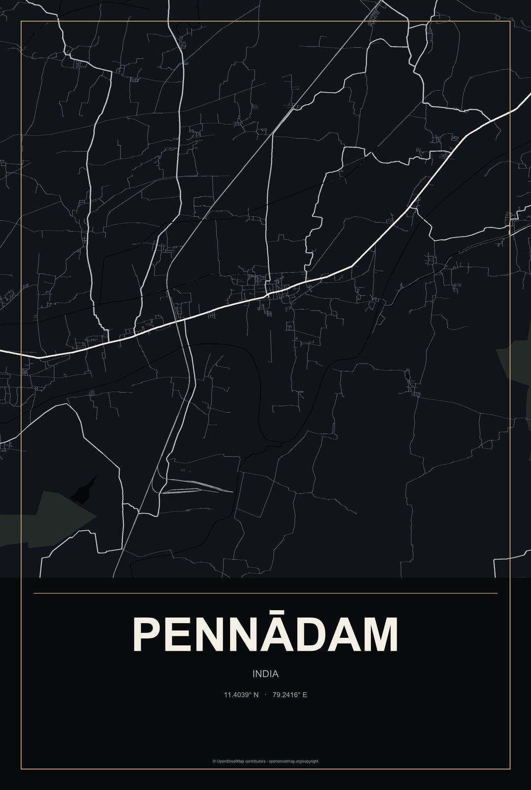 Pennādam, India City Map Aluminum Sign in Metropolitan Noir style