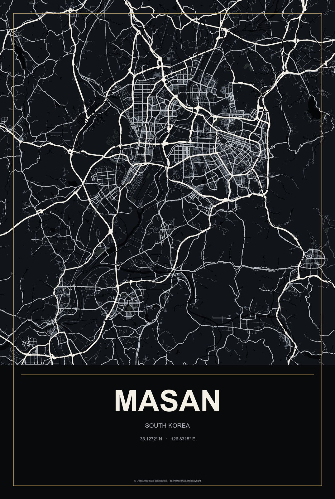 Masan, South Korea City Map Aluminum Sign in Metropolitan Noir style