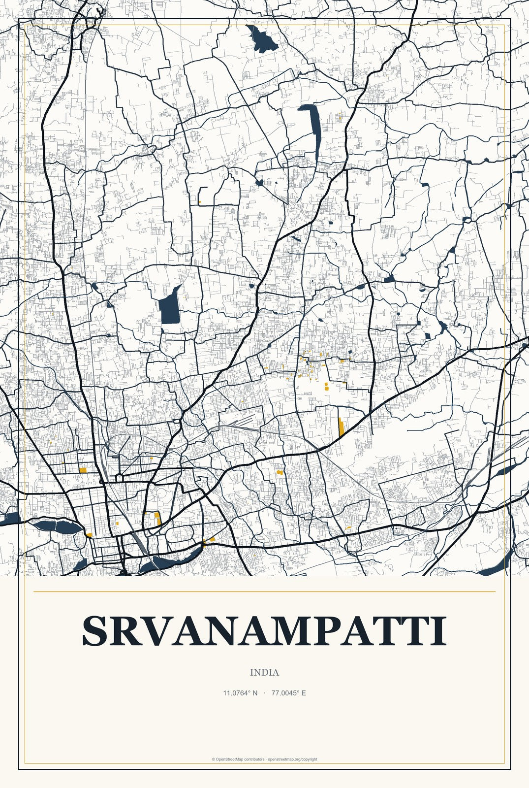 Srvanampatti, India City Map Aluminum Sign in Citrine Modern style