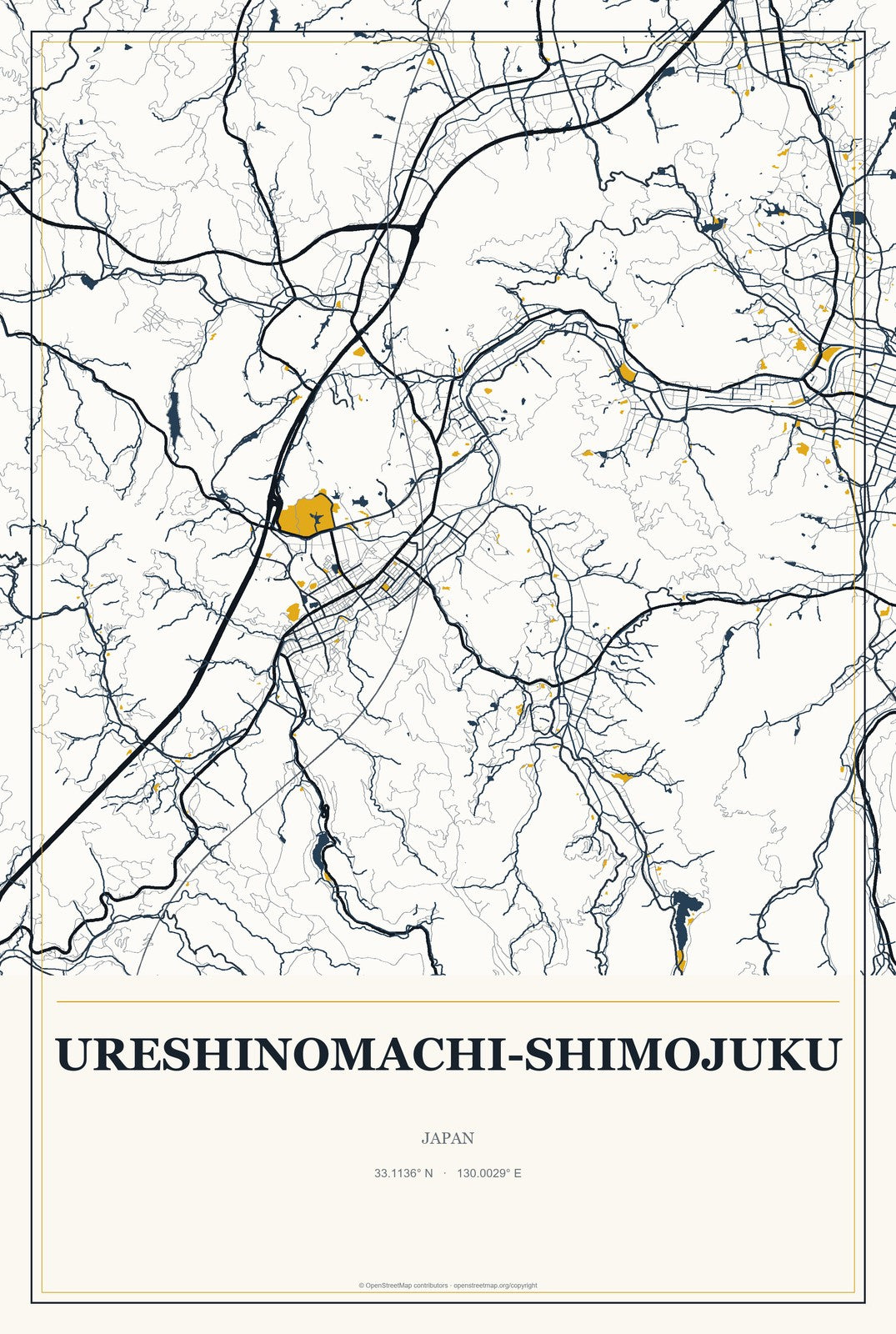 Ureshinomachi-shimojuku, Japan City Map Aluminum Sign in Citrine Modern style
