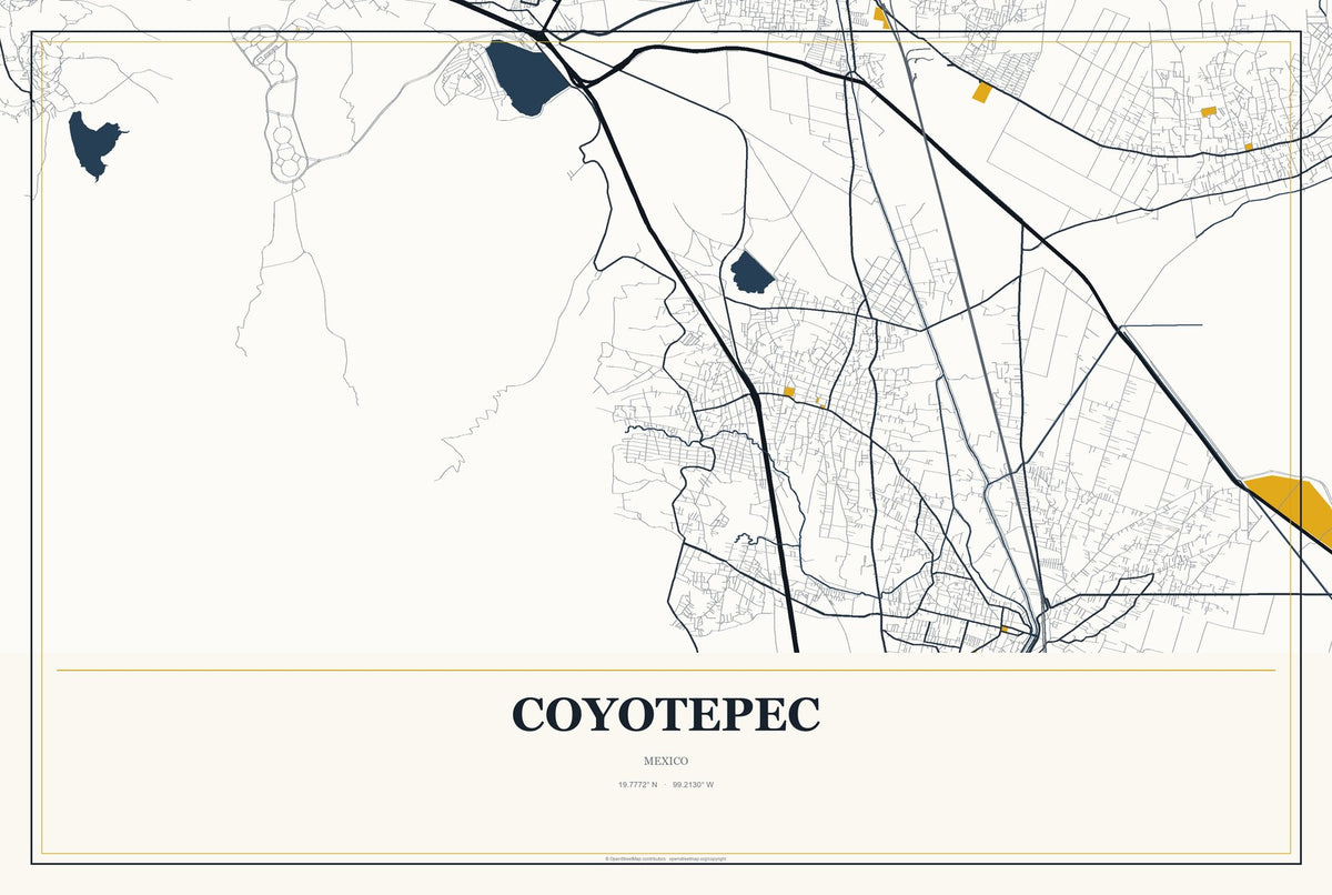 Coyotepec, Mexico City Map Aluminum Sign in Citrine Modern style