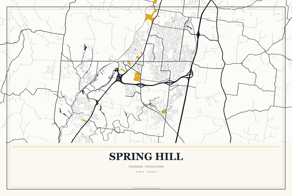 Spring Hill, Tennessee City Map Aluminum Sign in Citrine Modern style