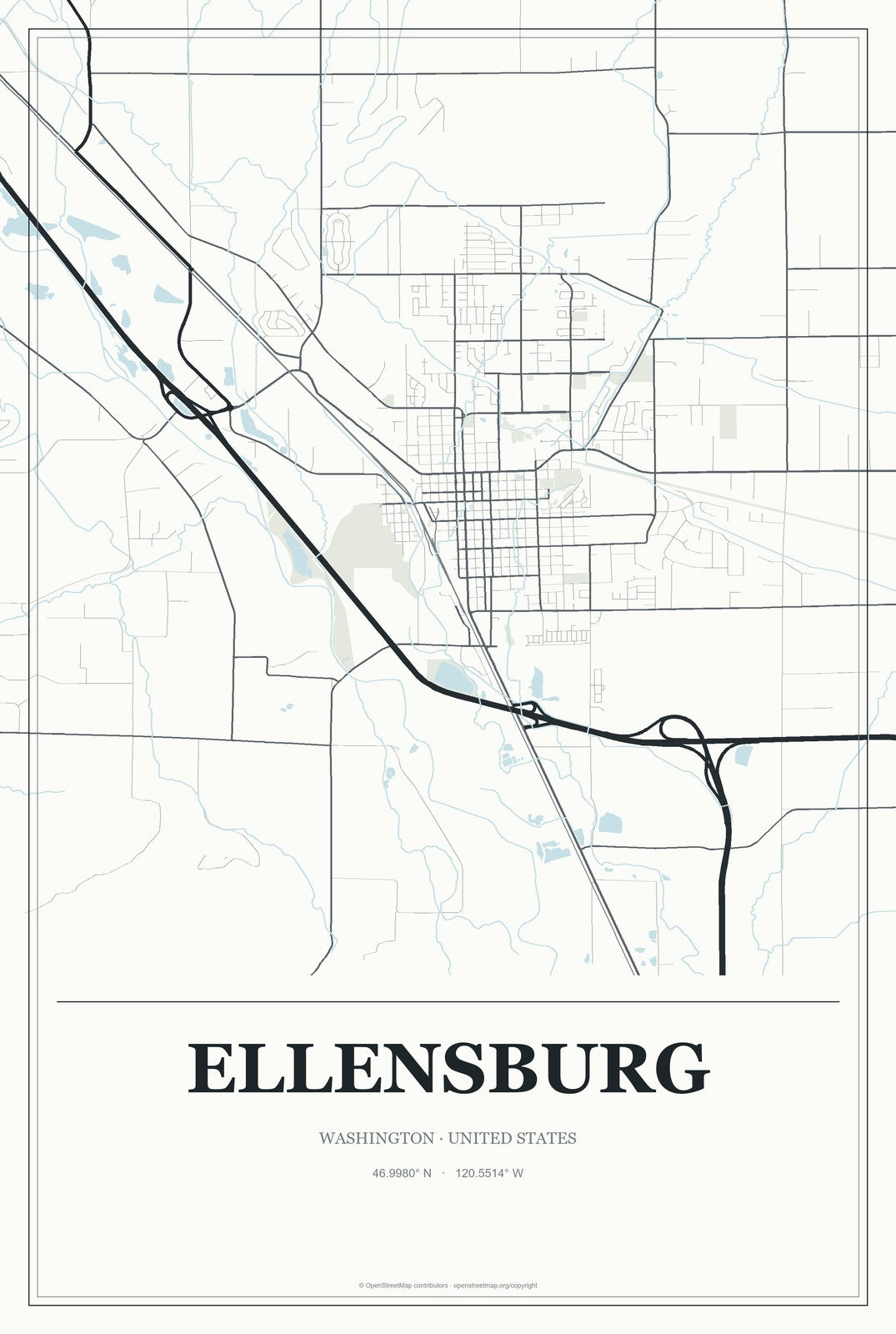 Ellensburg, Washington City Map Aluminum Sign in Gallery Air style