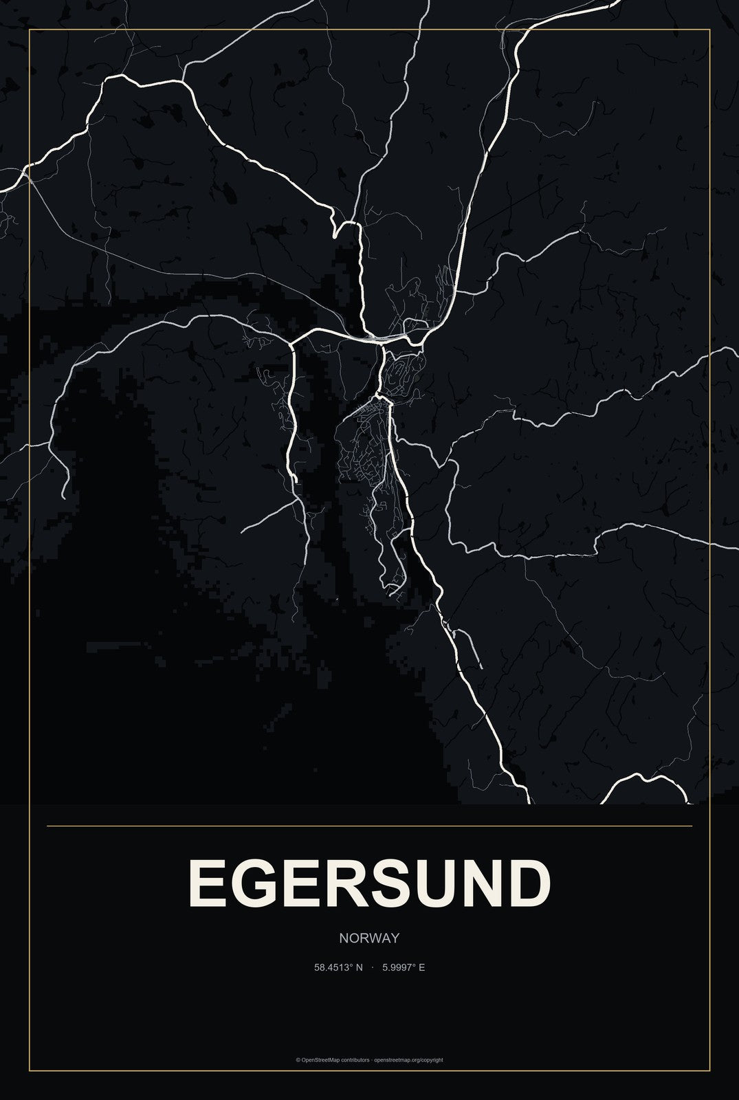 Egersund, Norway City Map Aluminum Sign in Metropolitan Noir style